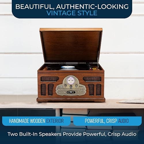 SoundBeast All-in-One Turntable with 3-Speed Record Player, Bluetooth, CD, Cassette Tape, AM/FM Radio, USB, Built-in Speakers, Handmade Wooden Exterior thumbnail 3