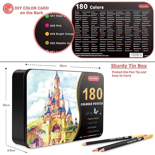 Soucolor 180-Color Artist Colored Pencils Set for Adult Coloring Books, Soft Core, Professional Numbered Art Drawing Pencils for Sketching Shading Blending Crafting, Gift Tin Box for Beginners Kids thumbnail 3