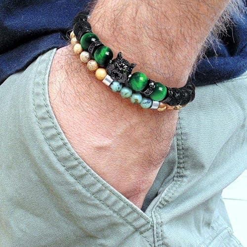 yijan Save A Wolf Bracelet,Wolf Head Lava Rock Bracelet,Healing Crystal Stress Relief Anti Anxiety Energy Stone Beaded Bracelet,Adjustable Bracelet for Men (Set) thumbnail 5