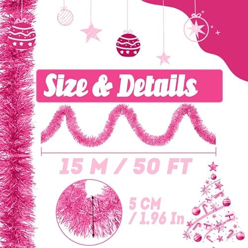 50 Feet Christmas Foil Fringe Garland Metallic Tassle Banner Wall Hanging Tinsel Streamers Backdrop for Parade Floats, Thanksgiving, Birthday, Halloween Party Decorations(2" x 50', Pink) thumbnail 3