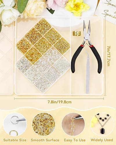 FIVEIZERO 2400PCS Jump Rings Kit for Jewelry Making Supplies & Necklace Repair with Silver & Gold Jump Rings, Lobster Clasps, Pliers, Tweezer & Opener, Jewelry Repair Kit for Earrings and Charms ﻿ thumbnail 3