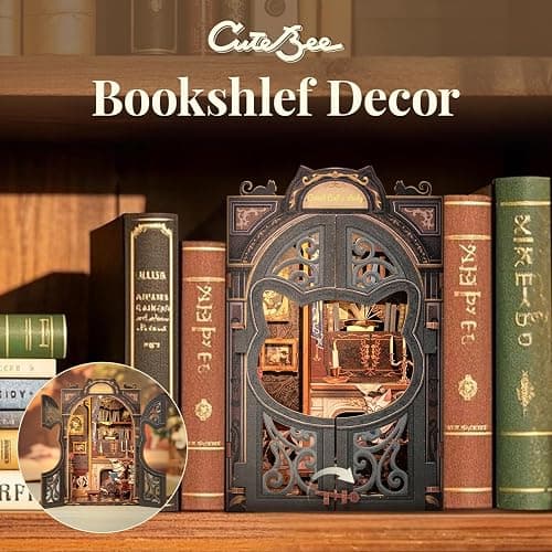 CUTEBEE DIY Book Nook Kit, Miniature House Kits for Adult and Teens, DIY Miniature Book Nook kit with Sensor Led Light, Gifts for Lovers and Family (Count Cat's Study) thumbnail 4