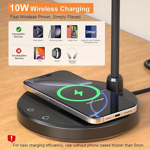 Vicsoon Desk Lamps for Home Office - LED Desk Lamp with Wireless Charger, 3 Color Modes Dimmable Eye-Caring Study Reading Desk Light, Small Flexible Arm Table Lamp for College Dorm Room Bedside, Black thumbnail 2