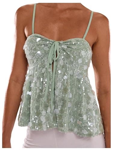 MakeMeChic Women's Sequin Cami Top Ruffle Sparkly Tie Front Split Party Club Tops - Image 1