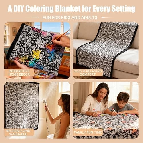DIY Coloring Blanket, Washable Color Your Own Fleece Throw Blanket for Kids and Adults Soft Cozy Art Project, 46x56 Inch, Creative Home Bedroom Decor and Family Activity Gift (F) thumbnail 5