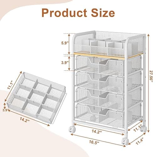 5-Tier Craft Organizer Cart with 5 Sets of DIY Dividers,Craft Organizers and Storage with Drawers,Lockable Wheels Rolling Utility Cart on Wheels,Art Supply Organizer,Ideal for Studio,Office,White thumbnail 3