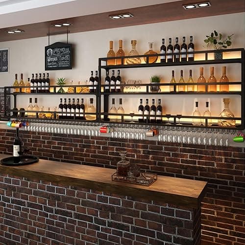 Metal Bar Shelves Wine Rack Wall Mounted Liquor Bottle Display Shelf with Wine Glass Rack and LED Light Kitchen Racks for Wine Bottles Floating Bar Mini Bar for Home Bar Restaurant Cafe Kitchen(Black, thumbnail 2