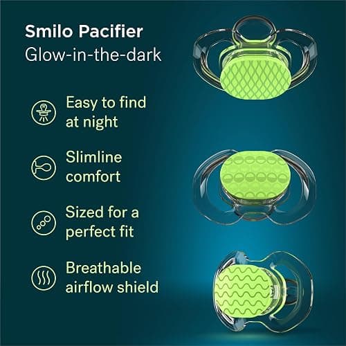 Smilo Baby Pacifier with Orthodontic Design for Healthy Dental Development - Stage 2 for Babies 3-9 Months - Pack of 3X 100% Silicone Pacifiers BPA Free - Glow-in-The-Dark thumbnail 3