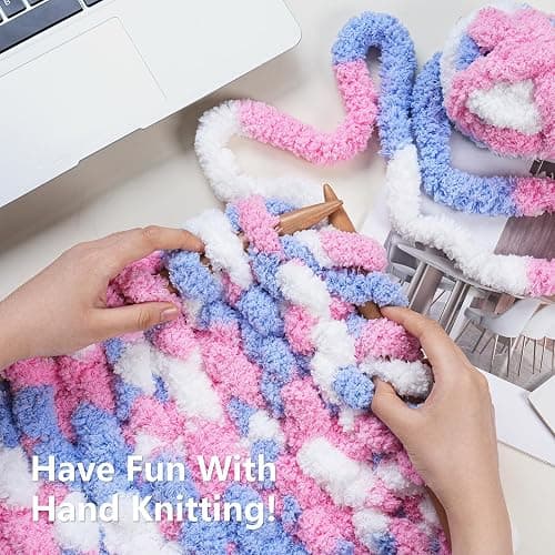 Cozyful Chunky Yarn for Hand Knitting - #10 Chunky Chenille Blanket Yarn, Jumbo Big Thick Chunky Yarns for Crocheting, Tie Dye Bulky Knit Yarns, 8 Skein (25 yds 8 oz Each Skein), Blue & Pink & White thumbnail 6