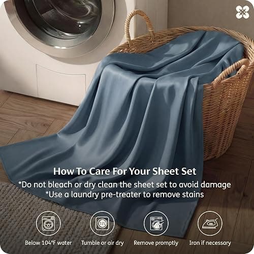 Bedsure PureWoven 100% Rayon Derived from Bamboo, Full Size Sheets, 4 PCS | Cooling Sheets for Hot Sleepers, Breathable & Silky Soft, 16" Deep Pocket, Hotel Luxury Bedding, Dusty Blue thumbnail 8