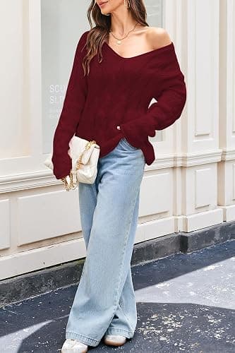 Cakulo Womens Oversized V Neck Off The Shoulder Sweaters Cable Knit Pullover Fall Sweater 2025 thumbnail 6