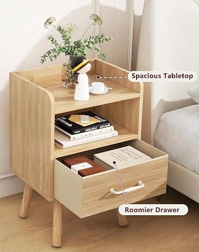 YMYNY Bedside Table Set of 2, Nightstand, Side Table, Wooden Sofa End Table with Fabric Drawer, Open Shelf, Solid Wood Legs, 15.35" x 11.42" x 24.41", for Bedroom, Natural UHST021N-2 thumbnail 5