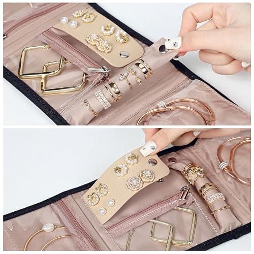 BELALIFE Travel Jewelry Case Organizer, Small Foldable Storage Roll for Earrings, Necklaces, Rings, Bracelets, Brooches, Black thumbnail 3