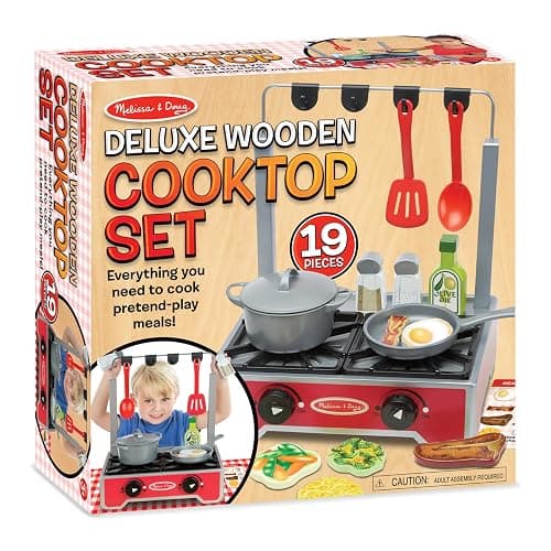 Melissa & Doug 19-Piece Deluxe Wooden Cooktop Set with Wooden Play Food, Durable Pot and Pan thumbnail 3