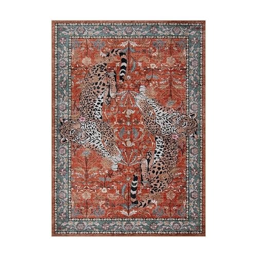 Moynesa Leopard 5x7 Area Rug, Boho Washable Living Room Rug, Non Slip Rugs for Bedroom, Ultra Thin Vintage Soft Stain Resistant Throw Floor Carpet for Office Dining Room, Rust thumbnail 2