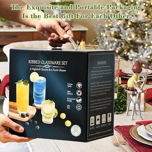 ISMASOAN Ribbed Glassware Set of 12, Glass Cups 12 oz and 7 oz, Fluted Glassware, Stackable Glasses, Cups for Kitchen, Gift Box Set - Stackable Ribbed Surface thumbnail 5