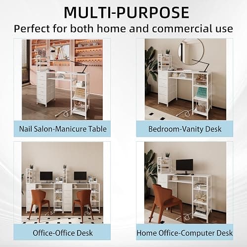 NinPeen Manicure Table Nail Desk for Nail tech with Drawers and Power Outlet,Nail Beauty Table with Storage and Open Shelves for Home,Workshop,Makeup Beauty Salon Workstation (White) thumbnail 8