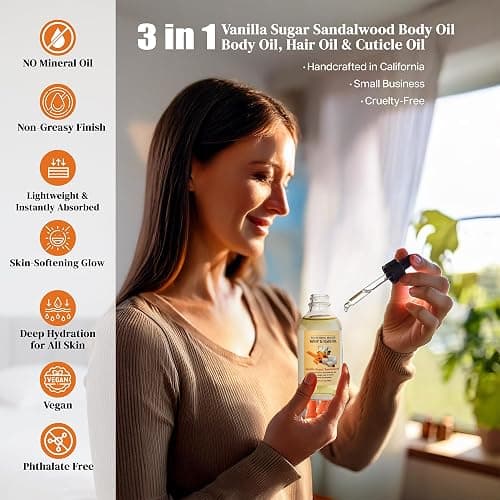 Soothing House Vanilla Sugar Sandalwood Body & Hair Oil – Inspired Warm Gourmand Scent – Hydrating & Nourishing Oil for Skin, Hair & Cuticles – Lightweight, Fast-Absorbing, 4 fl oz thumbnail 6