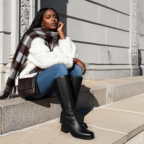 QIY Knee High Boots Women Faux Leather Elastic Boots Low Heel Square Toe Side Zipper Fall Long Tall Boots for Women thumbnail 6