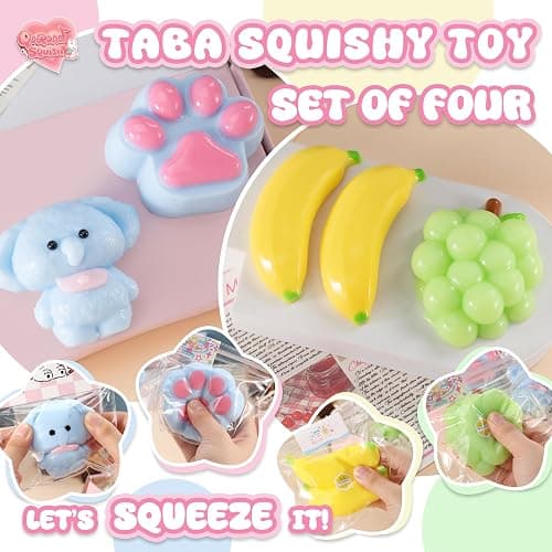 QCROAD SQUISHY Handmade Taba Silicone Squishy Kit - 4PCS Cute Squeeze Toys for Kids & Adults, Includes Cat Paw, Banana, Grape & Elephant, Great for Birthday Goodie Bags, Sticky Squishy Fidget Toys thumbnail 3