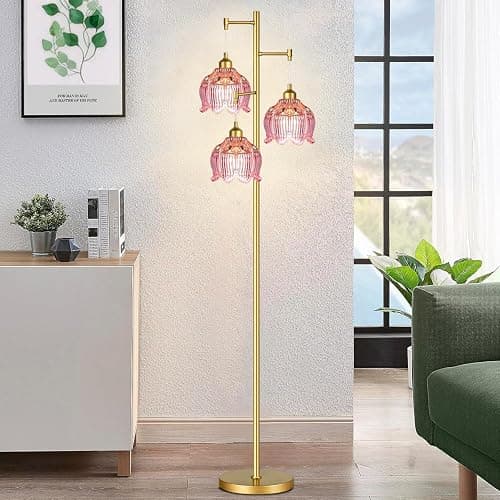 ILLMTW Glass Floor Lamp for Living Room,Bedroom,Gold Flower Mid Century Modern Standing Lamp Brass Tree 3 Light Tall Floor Lamps Vintage Floor Lights Pink Lamp Shade Farmhouse Boho Bohemian thumbnail 7