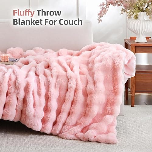 Smoofy Faux Fur Throw Blanket for Couch – Blush Pink Fluffy Cozy Rabbit Fleece, Plush Soft Bubble Blanket for Sofa & Bed, for Mom, Warm Fuzzy Home Room Decor Throw 50" x 60" thumbnail 3