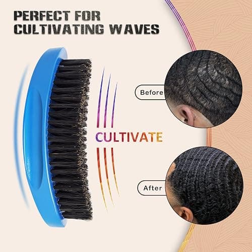 Medium Palm Wave Brush with Pure Black Boar Bristles - For Men's 360 Waves on Thin and Normal Hair (Blue) thumbnail 2