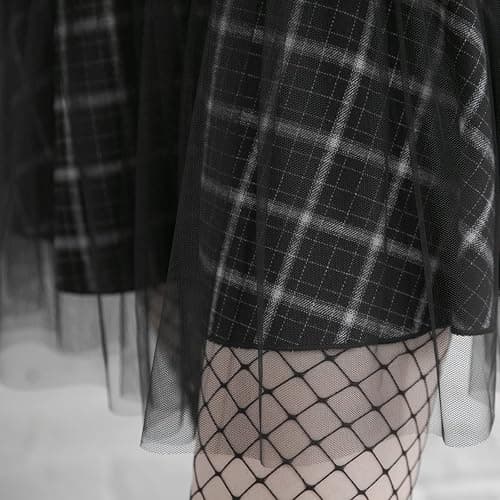 PUNK RAVE DAILY Women Gothic Skirts Women Goth Mini Plaid Skirt with Tulle Punk Dunk High Waist A-Line Party Skirt thumbnail 5