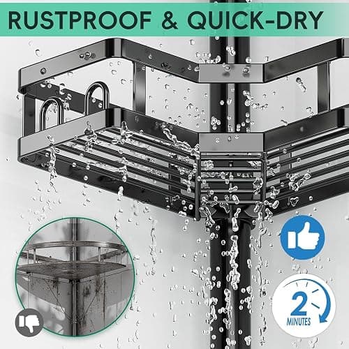 HEVEL Corner Shower Caddy Tension Pole, Adjustable Shower Organizer Corner 62-115 Inch, Rustproof Bathroom Storage Shower Shelves, Black thumbnail 6