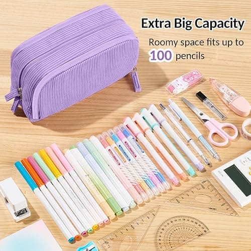 Sooez Big Capacity Pencil Case Pen Pouch, Soft Corduroy Pencil Bag with 3 Compartment, Multiple Pockets, Sturdy Zipper, Cute School Supplies Pen Bag Organizer For Teen Girls College, Beige - Beige thumbnail 4