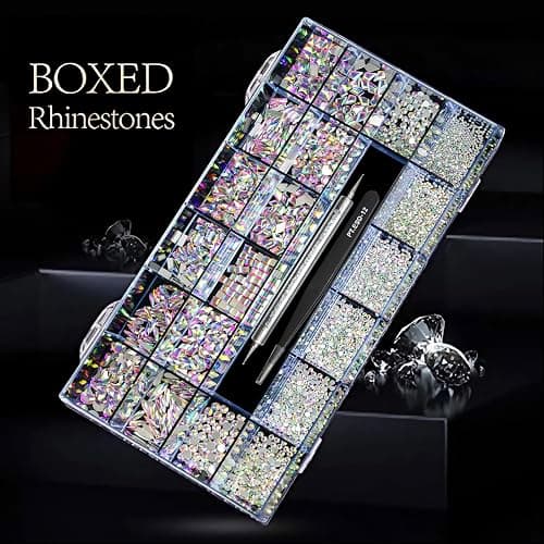 Yzzseven 12 Types of 600 Crystal AB Diamonds + 2500 Flat Rhinestones Mix 20 Styles Flatback DIY Crafts Rhinestone Crystals 3D Ornaments Flat Back Stones Set + Tweezers + Drill Pen thumbnail 4
