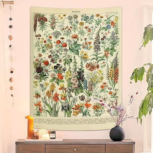 Vintage Flowers Tapestry 48”x36”, Long Vertical Wall Hanging Reference Illustrative Botanical Tapestries for Bedroom Aesthetic Floral Tapistry Botanical Plants Tapestry Wall Hanging Cute Bedroom Decor thumbnail 3