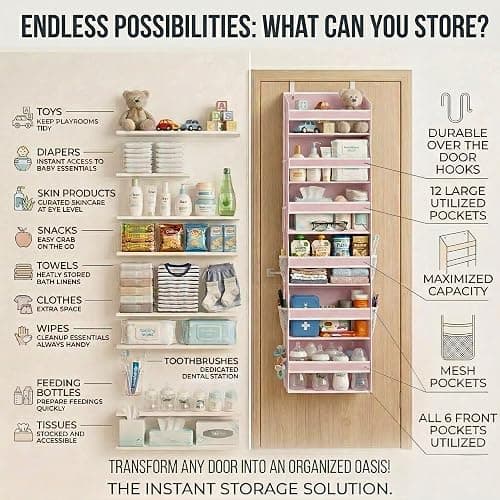 HOMELUX THEORY UPGRADED 6 Tiers Over The Door Organizer Hanging - 100D EXTRA THICK & 50lbs HUGE CAPACITY, 12 Side Mesh Pockets Over The Door Shoe Organizer, Hanging Closet Organizer (Baby Pink, 1pc) thumbnail 7
