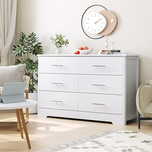 NEEEED THIS.    HOSTACK 6 Drawer Dresser, Modern White Double Dresser, Wide Chest of Drawers with Metal Handels, Accent Wood Storage Chest Organizers for Living Room, Hallway, Entryway (Trapezoid/White) thumbnail 3
