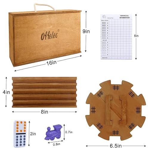 Offelec Mexican Train Dominoes Set with 8 Holders, Double 12 Dominos Set for Adults, Mexican Dominoes Train for Kids and Family Game, Mexican Train Games with 91 Colored Tile Dominos and Wooden Box thumbnail 3