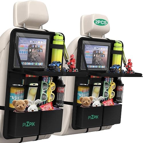 Plzpik Car Backseat Organizer with Tray(2Pack),13 Storage Pockets with Foldable Food Tray, Protector Kick Mats for Kids, Travel Accessories Organizer (Black) - Image 1
