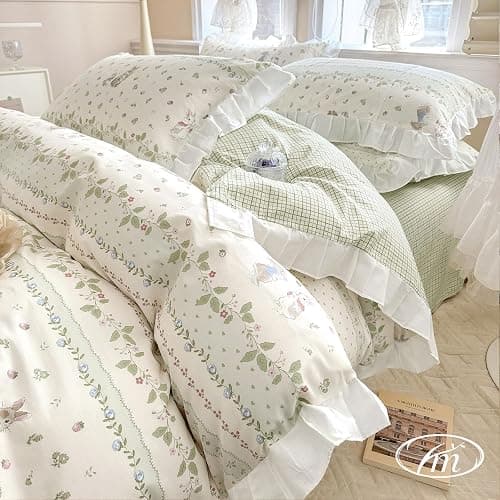 VM VOUGEMARKET Girls Flower Comforter Set Green Leaves with Cute Rabbit Comforter with 2 Pillow Shams Romantic Ruffle Down Comforter Set(3pcs,Queen) - Image 1
