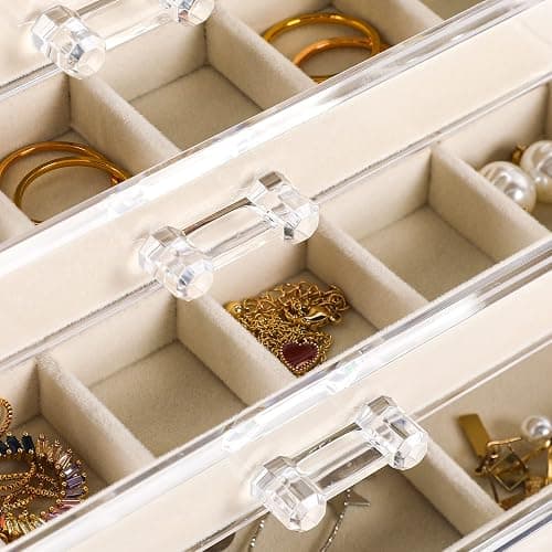 Frebeauty Acrylic Jewelry Organizer Earring Organizer Box with 5 Drawers Earring Holder Organizer with Velvet Trays Clear Jewelry Box for Women Earring Display for Rings Studs(Beige) thumbnail 5