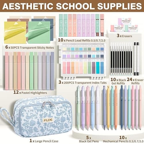 62PCS Aesthetic School Supplies, Cute Back to School Supplies College Essentials Preppy Stationary Set with Large Pencil Pouch Case, Pastel Highlighters Gel Pens Mechanical Pencils for Student Girls thumbnail 3