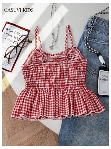 RoseSeek Girl's Y2K Gingham Peplum Cami Tops Ruffle Hem Spaghetti Strap Babydoll Plaid Summer Crop Top thumbnail 2
