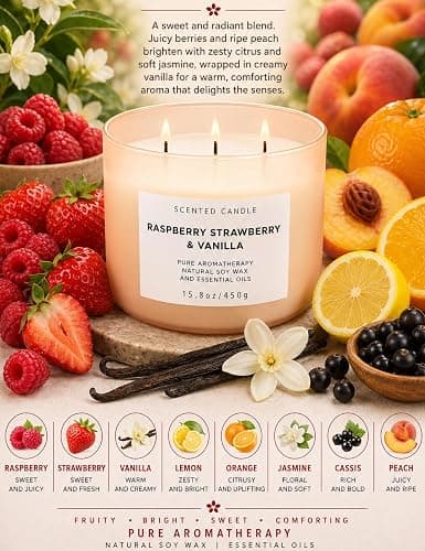 Raspberry Strawberry Vanilla 3-Wick Scented Soy Candle 15.8 oz | Large Sweet Berry Vanilla Scented Candle for Home | Relaxing Aromatherapy Candle | Strong Throw & Long Lasting thumbnail 2