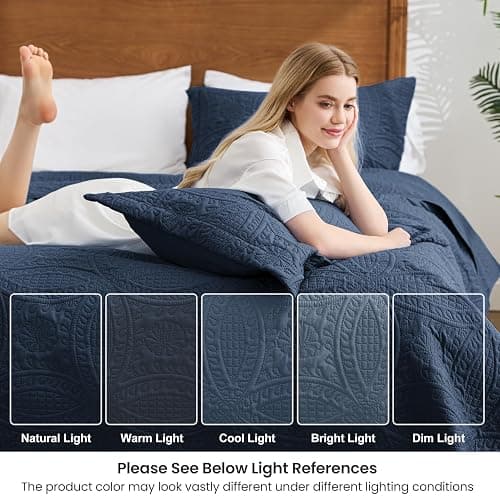 Love's cabin Oversized King Size Quilt Bedding Set Navy Bedspreads - Oversized King Lightweight Bedspread Comforter - Coin Pattern Coverlet for All Season - 3 Pieces (1 Quilt, 2 Pillow Shams) thumbnail 6