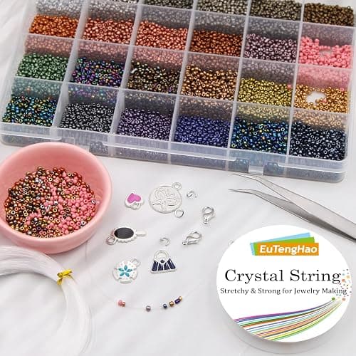 EuTengHao 8/0 Glass Seed Beads Kit, 3mm Metal Color Waist Beads, 24Colors Small Pony Beads with String for Bracelet Necklace Earring Jewelry Making (14405PCS, 600 Per Color) thumbnail 4