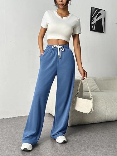 PINSPARK Wide Leg Sweat Pants for Womens High Waisted Baggy Sweatpants Casual Drawstring Workout Pants with Pockets thumbnail 2