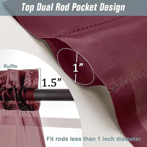 Ebesto Burgundy Window Sheer Curtains 45 Inches Length, Voile Short Curtains for Living Room Bedroom, Modern Soft Window Drapes 2 Panels Set, Top Dual Rod Pocket Design, 2x42Wx45L Inches thumbnail 3