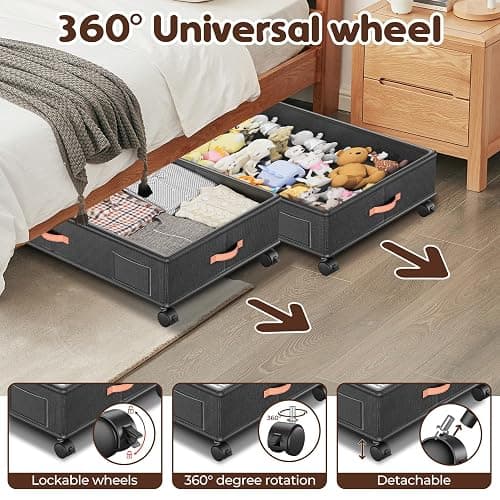 Tsinglax Under Bed Storage with Wheels 2-Pack – 66L XXL Larger Stackable Under Bed Storage Containers with Clear Window & Labels, Rolling Under Bed Drawers for Clothes, Shoes, Blankets (Dark Grey) thumbnail 5