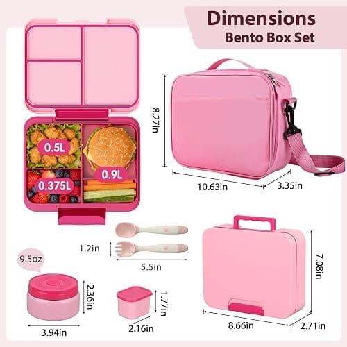 Kids Bento Lunch Box Set with 9.5oz Soup Thermo, Leak-Proof Lunch Food Containers with 3 Compartment and Removable Inner Tray, Insulated Hot Food Jar with Lunch Bag for School, Office, Pink thumbnail 2