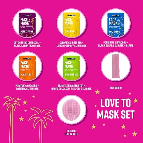 Freeman Facial Love To Mask Variety Pack: Oil Absorbing Clay, Detoxifying Charcoal, Clearing Peel Off, Hydrating Gel Cream, Exfoliating Scrub (14 Piece Kit with Bonus Buffer and Headband) thumbnail 4