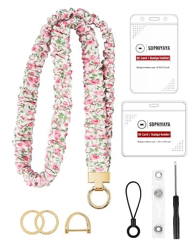 Scrunchie Lanyard with Badge Holder for Teachers & Office Workers | Pink Floral Teacher Lanyard for Women with 2 Card Clear Badge Holder-Soft & No-Tangle - Image 1