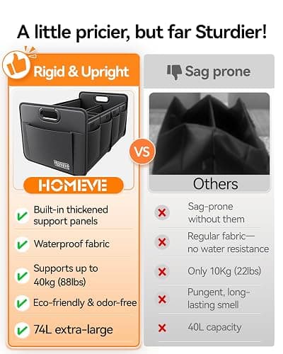 Homeve Car Trunk Organizer for SUV, 18.5Gal Large Capacity No-Sag Heavy Duty, Foldable Waterproof Anti-Slip Storage with 12 Pockets, Fit Sedan,Truck, Universal Car Accessories, Black, Large, 2 Compart thumbnail 4